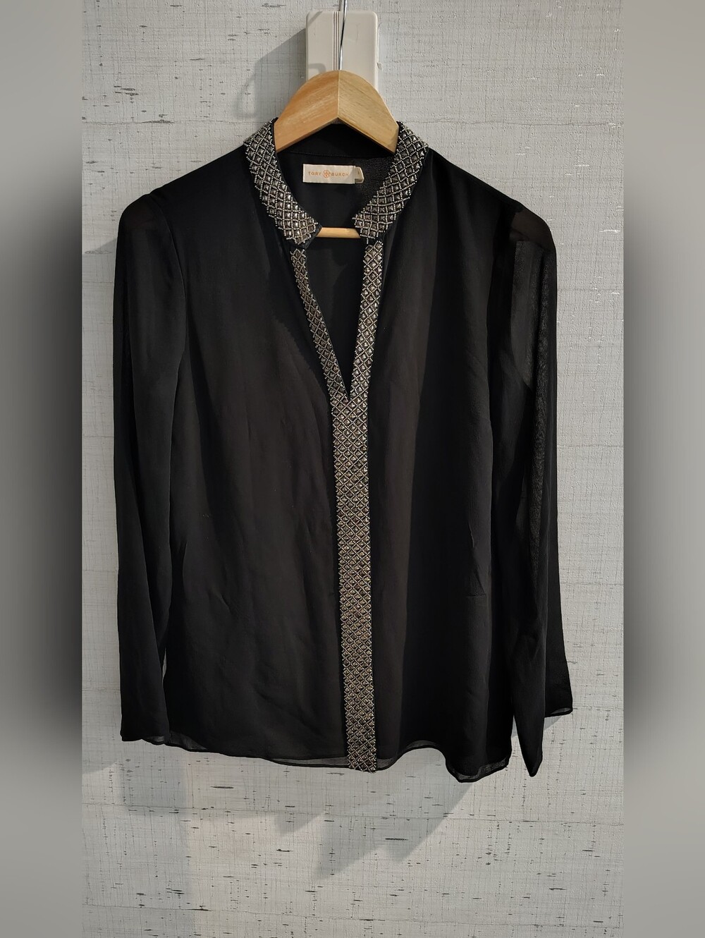 Tory Burch Black Silk Semi-sheer Tunic Top w Silver Metallic Bead Detail Sz 6